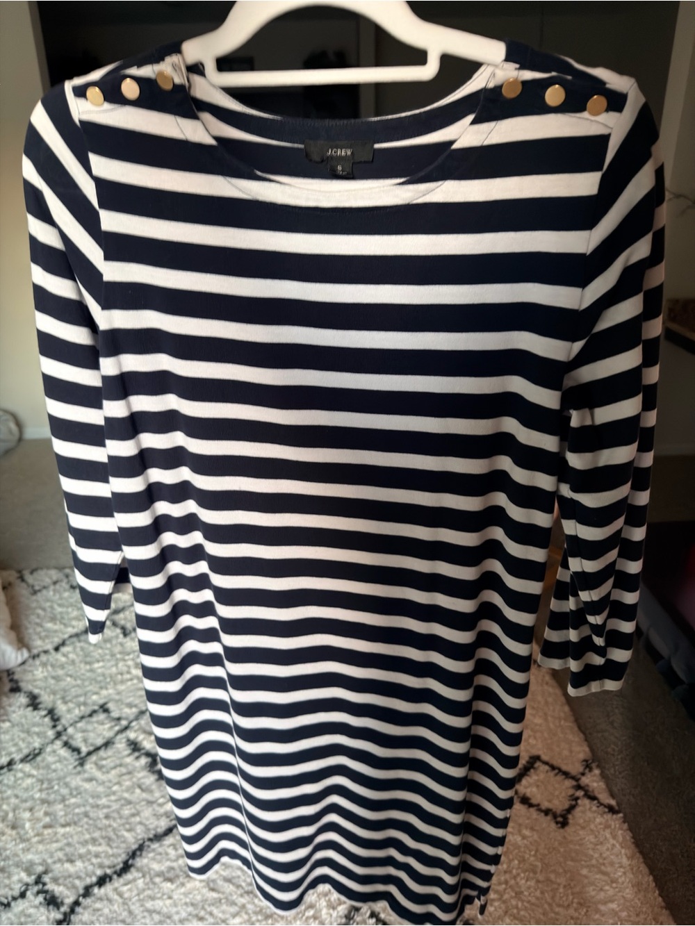 J. Crew Navy and White Striped Dress with Gold button accents in Small